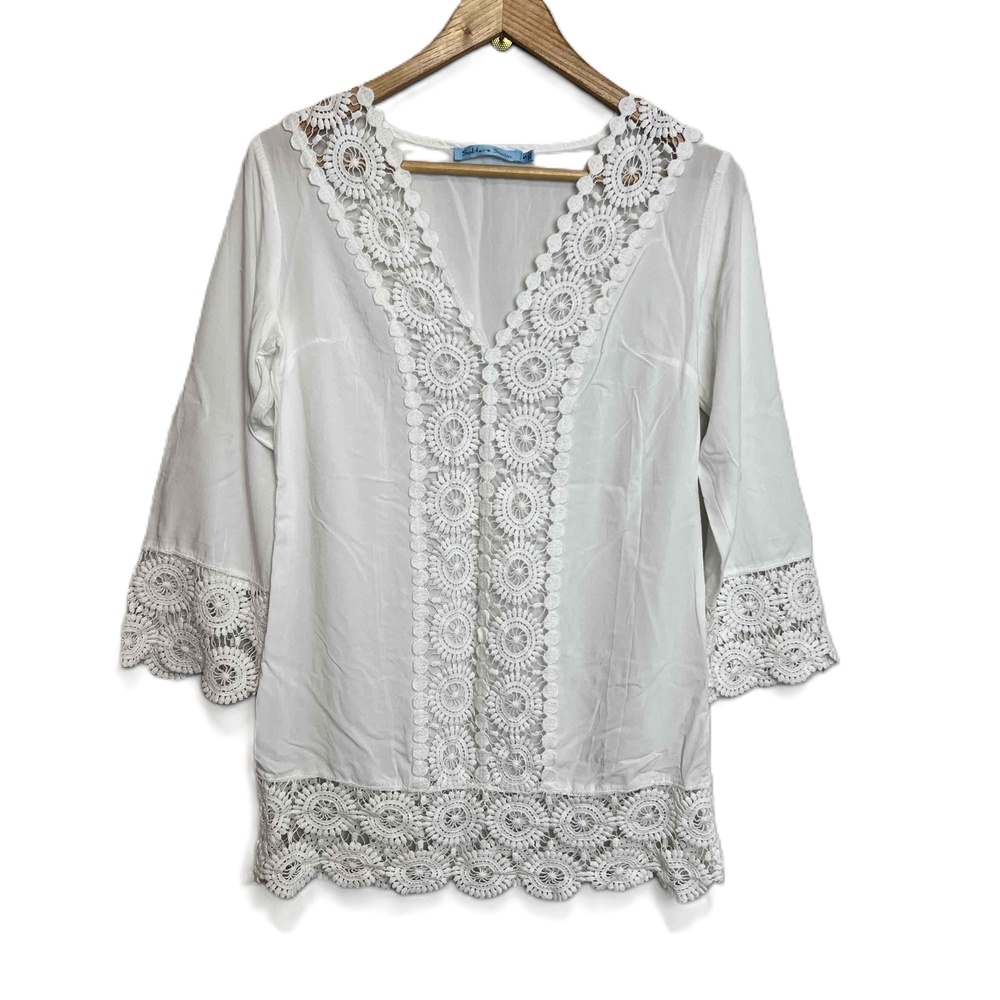 Solitaire Swim Cover Up V Neck Lace Trim 3/4‎ Sleeves Tunic Small